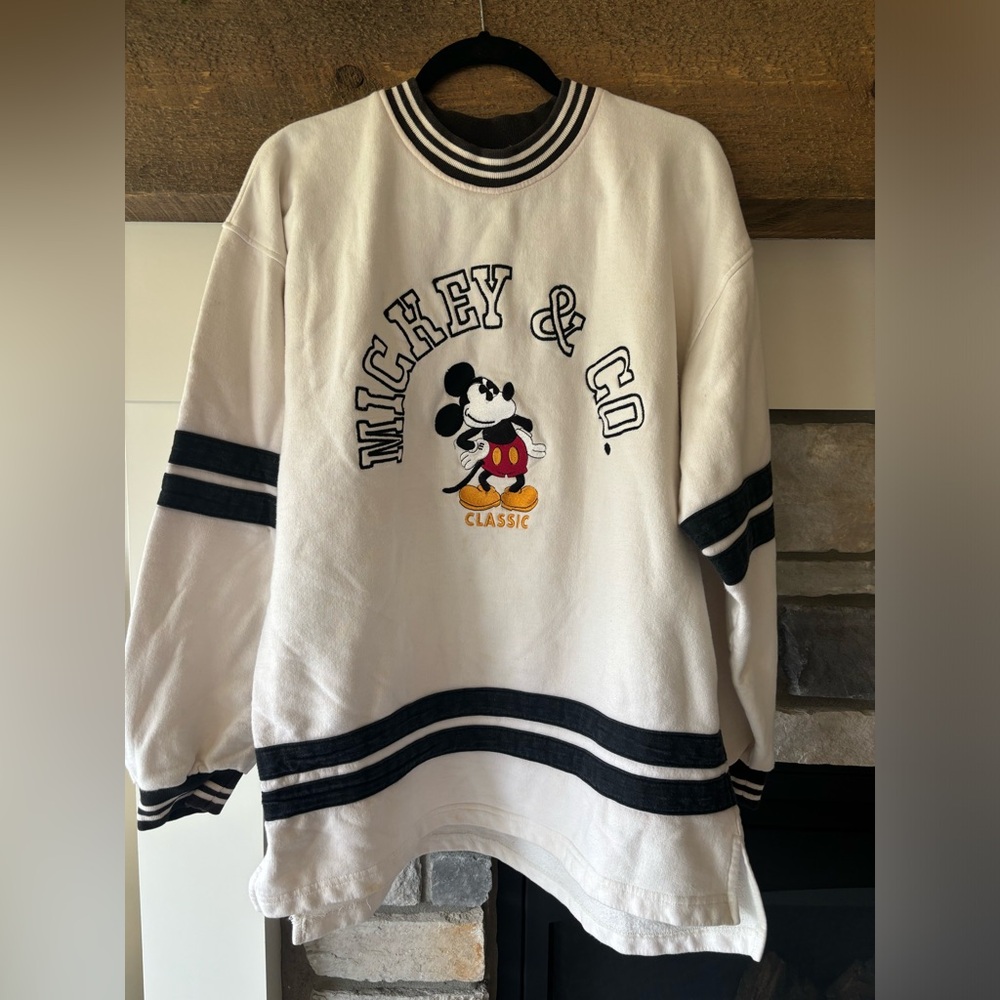 Vintage Disney SweatShirt 1X White Mickey Varsity Hockey Jersey 90s Y2K Embroid